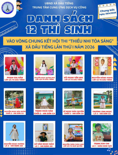 Xin chúc mừng 2 bé lớp Lá đã xuất sắc vượt qua vòng sơ khảo Hội thi “Thiếu nhi tỏa sáng” xã Dầu Tiếng năm 2026 🎉👏